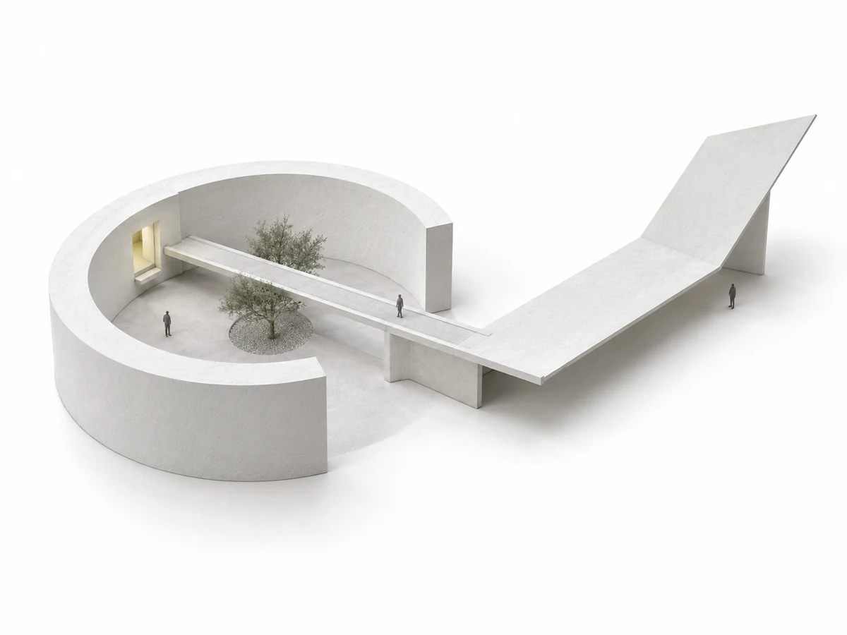 A white architectural model with folding and sliding planes, with small human figures indicating its scale.